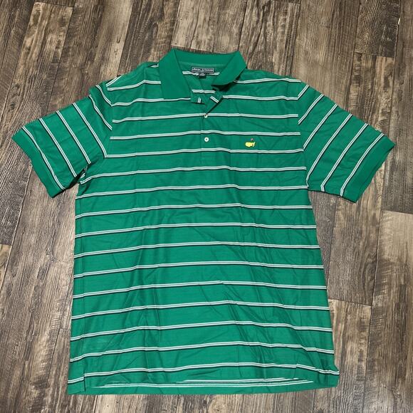 Mens Masters Collection Polo Shirt Green Striped Cotton Golf Augusta Logo 2XL - Picture 1 of 11